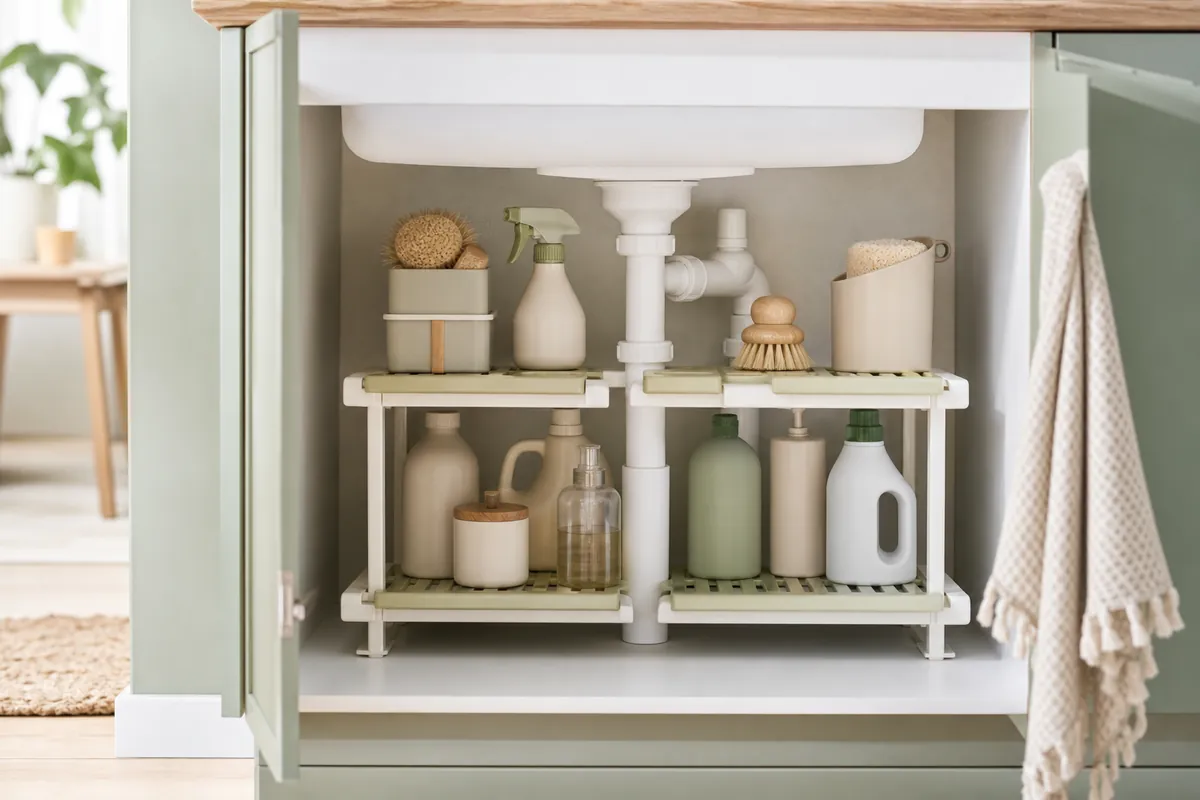 A two tier expandable under-sink shelf stepped around the drain pipe, doubling the usable height in a cramped cabinet