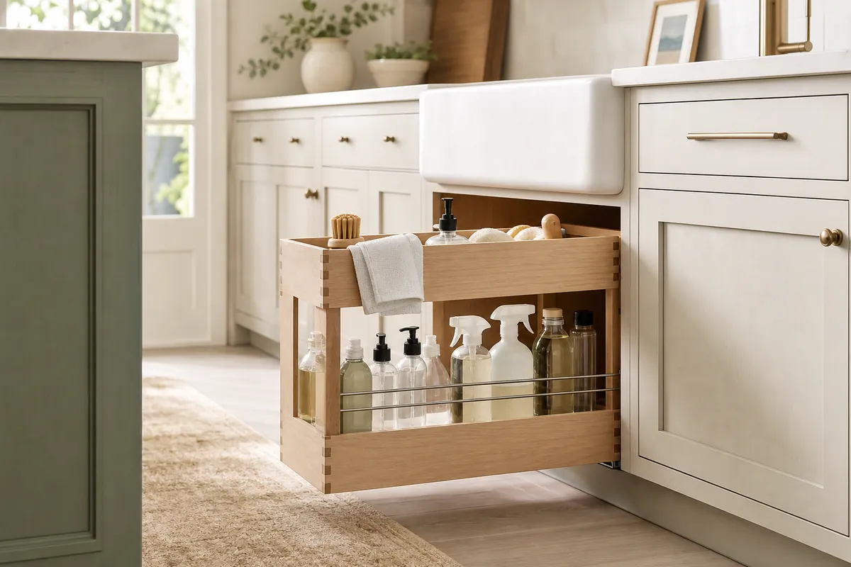A pull-out under-sink organizer slid forward to reveal the bottles stored at the back of the cabinet