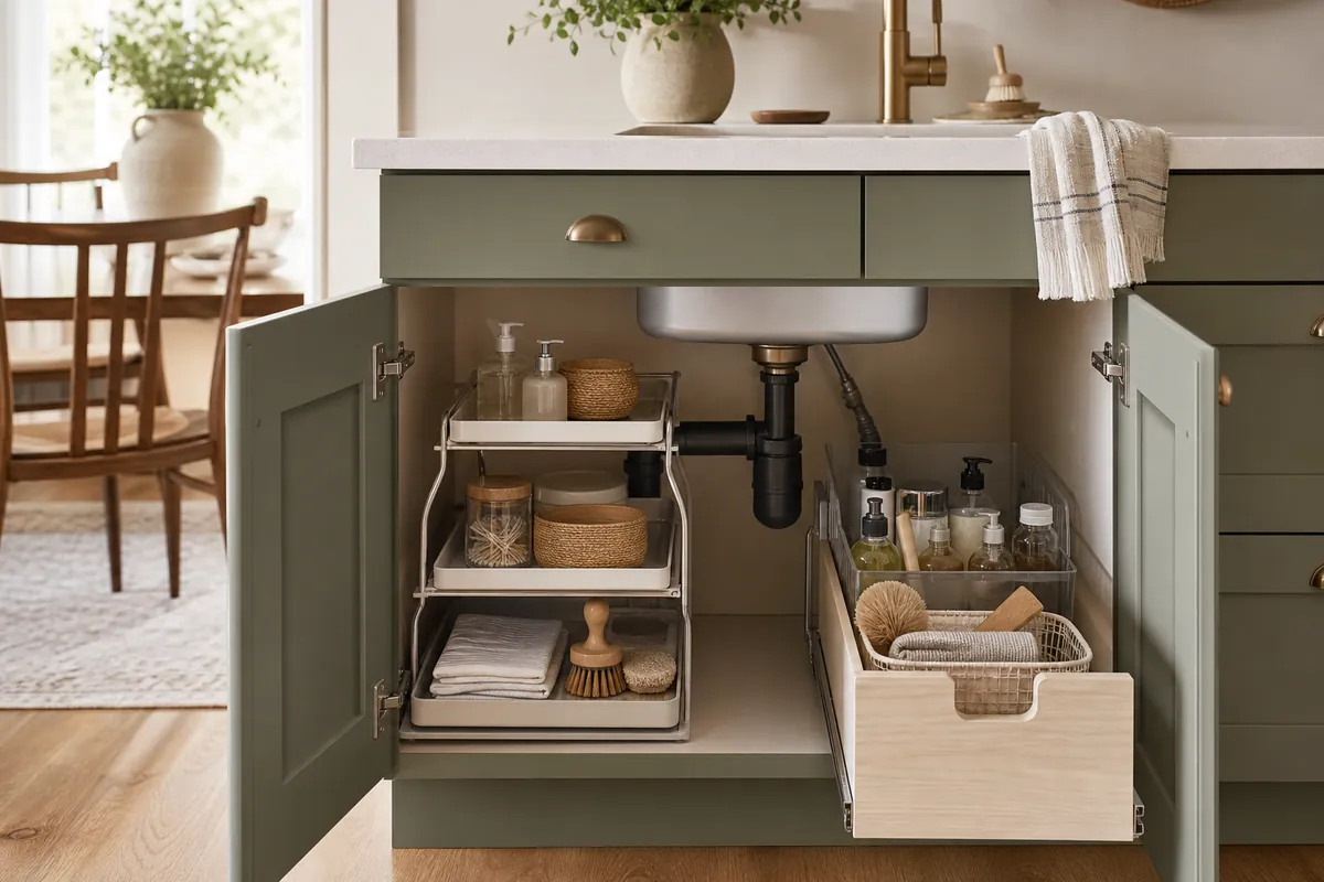 An under-sink cabinet using a tiered shelf on one side of the pipe and a pull-out organizer on the other