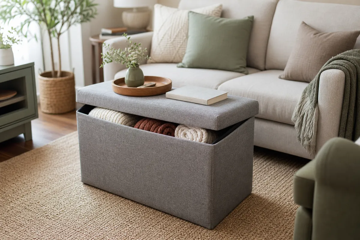 Lidded storage ottoman used as blanket storage in a small living room, rolled neutral throws visible inside with a wooden tray on top