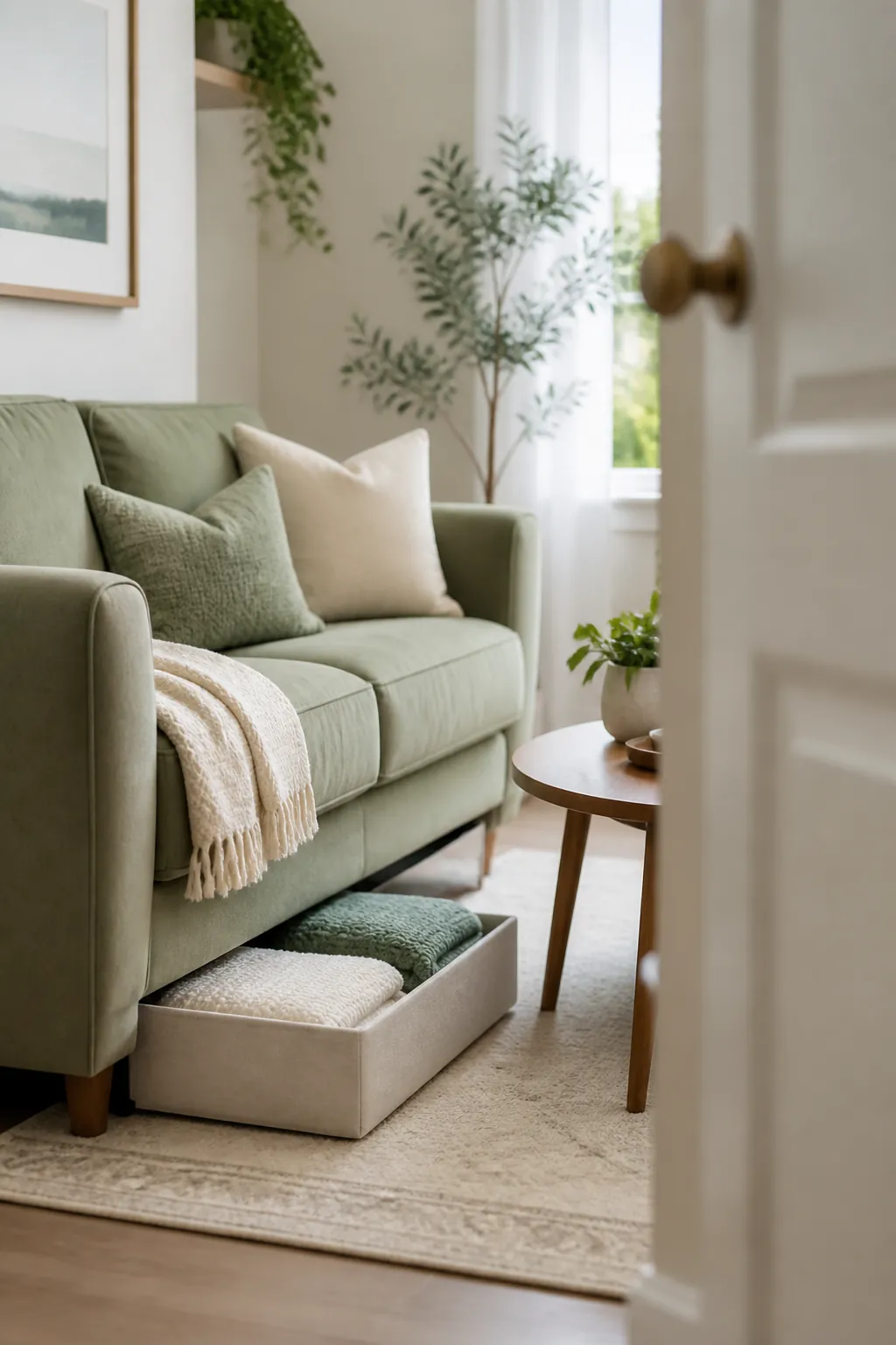 A shallow fabric bin sliding into the gap beneath a sofa with blankets visible inside