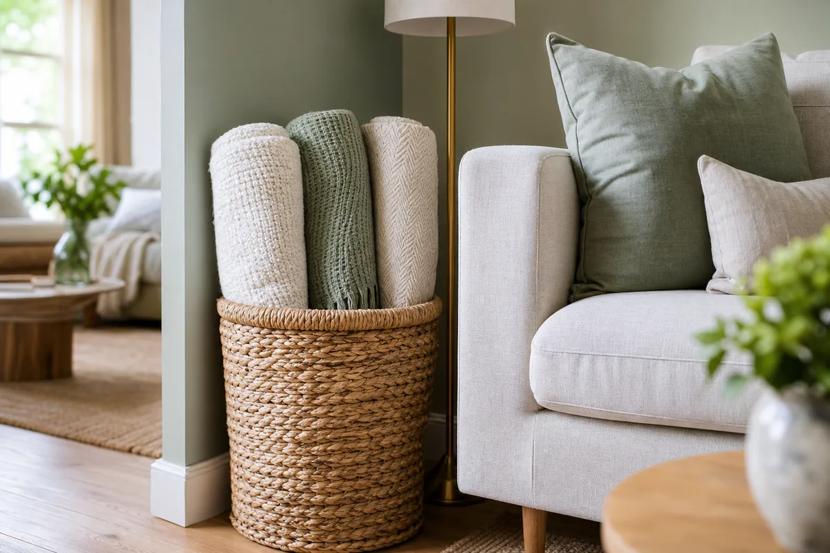 Large woven storage basket beside a sofa holding rolled blankets, one of the simplest blanket storage ideas for a small living room corner
