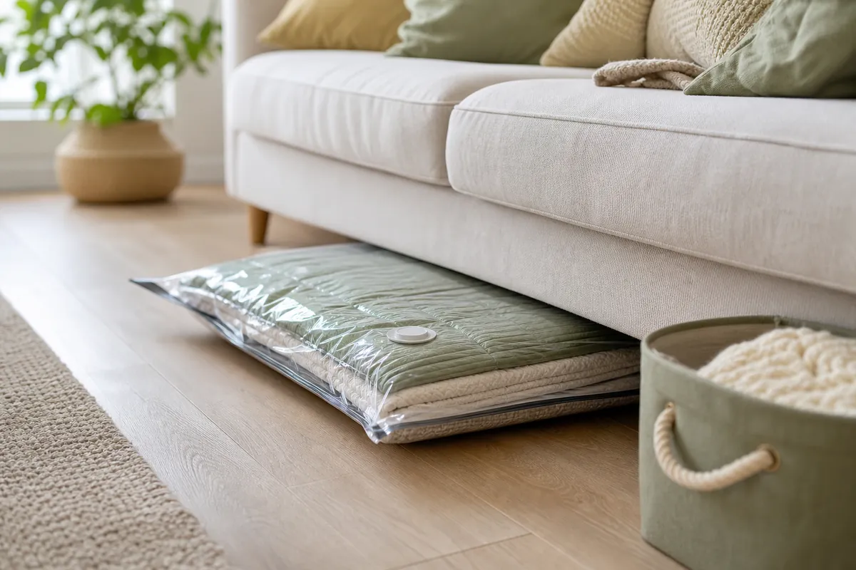 Vacuum compression bag of folded blankets sliding under a sofa, a space-saving blanket storage idea for off-season bulk in small rooms