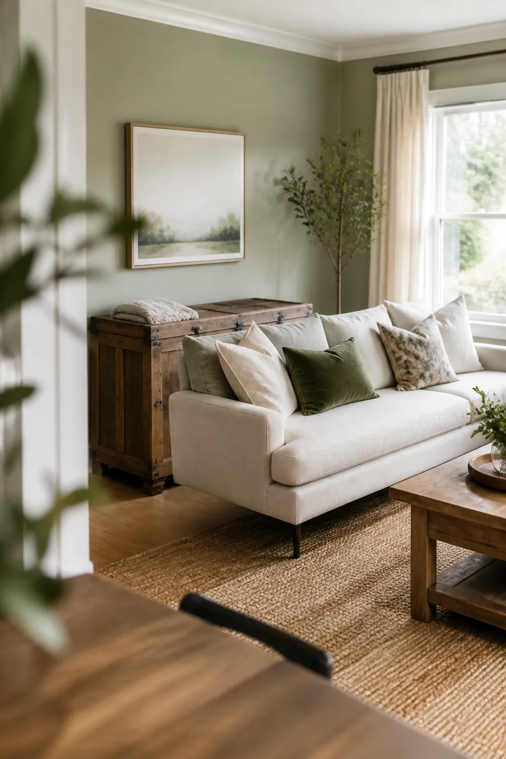 A lidded wooden trunk behind a floating sofa with a folded throw resting on its lid