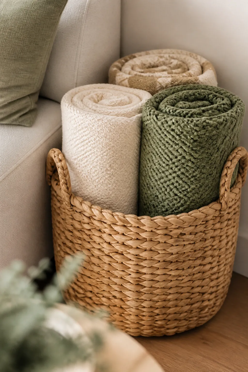 A large woven basket in the corner beside a sofa holding rolled blankets standing upright