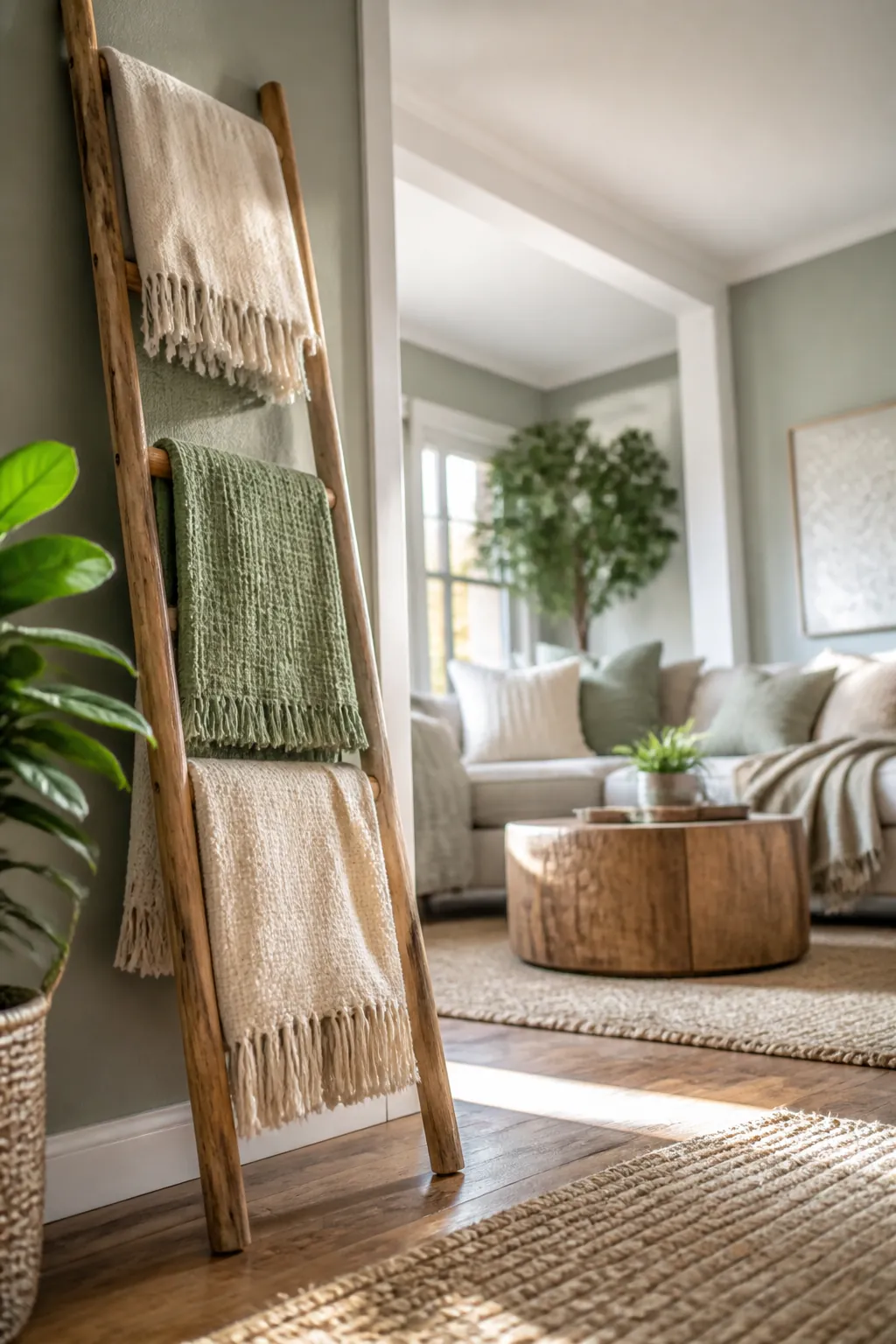 A wooden blanket ladder leaning on a wall with three throws draped over its rungs