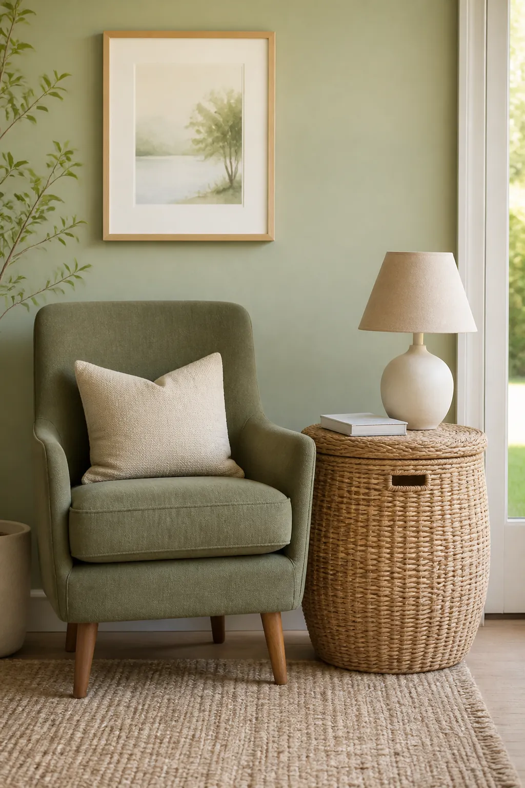 A tall lidded basket beside a reading chair with a lamp and a book on its flat lid