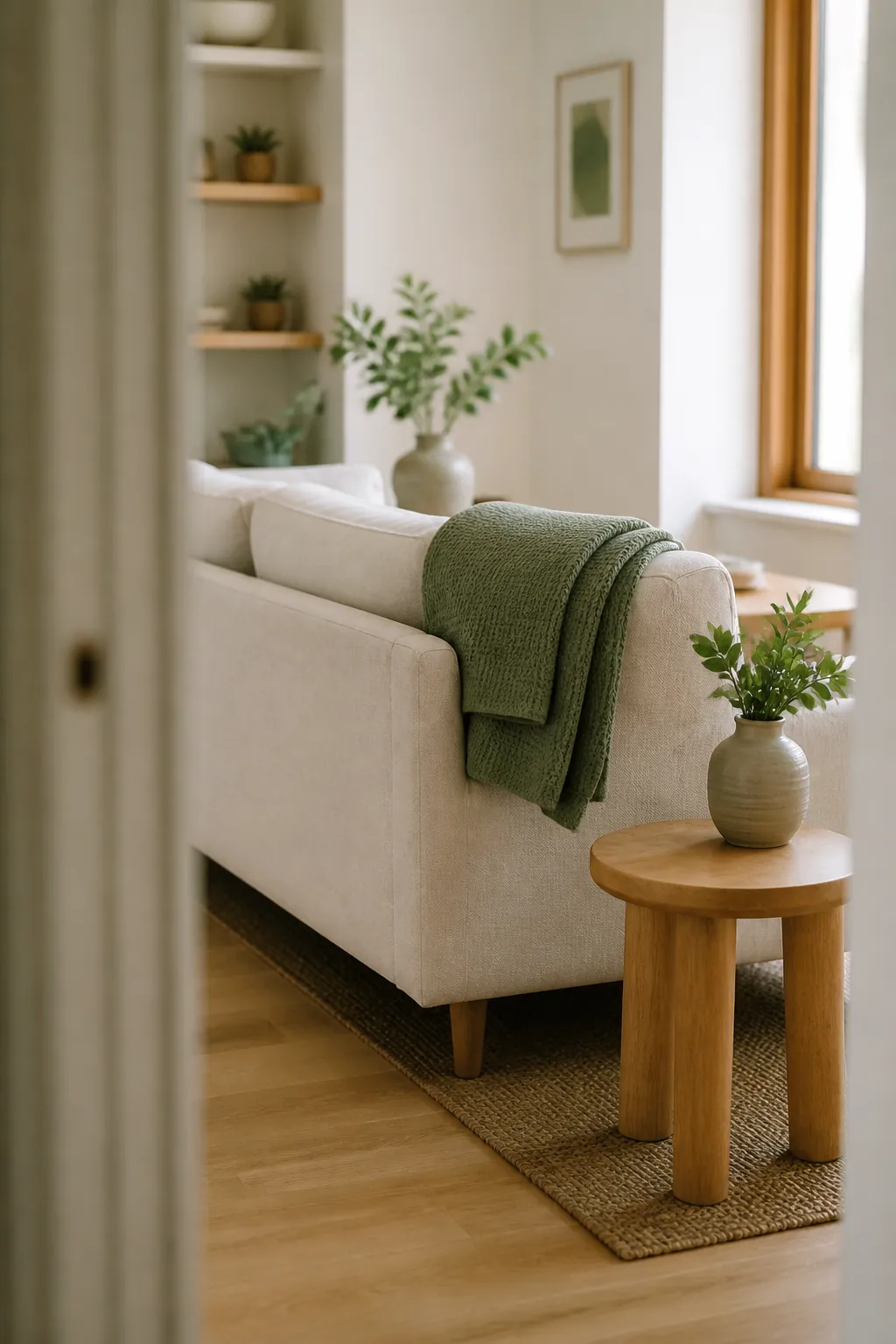 A single blanket folded in thirds over the back corner of an otherwise bare sofa