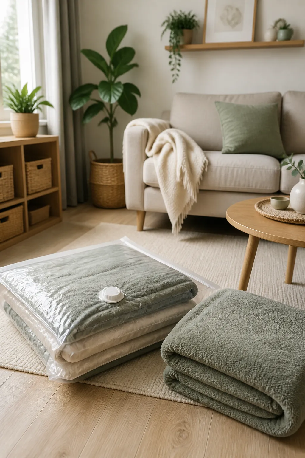 A flattened vacuum compression bag of blankets beside a loose folded blanket for scale