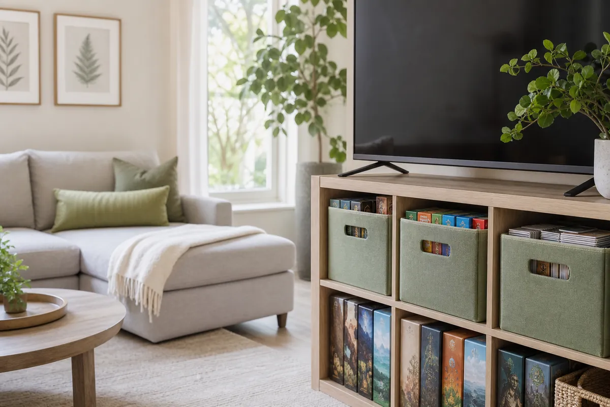Fabric cube storage bins in a shelf unit holding small board game boxes upright and loose card games, with the large games shelved separately alongside