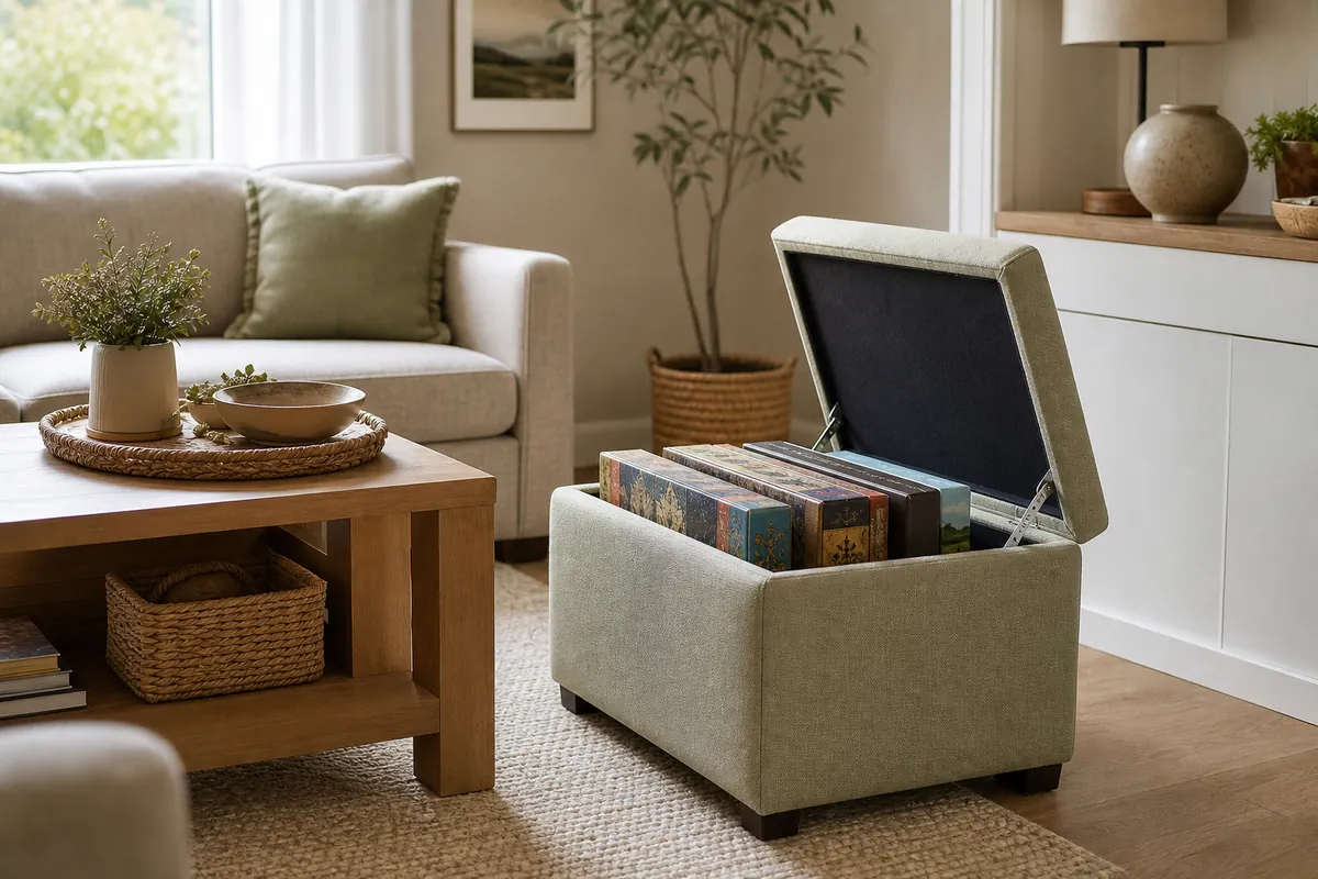 A fabric storage ottoman open beside a coffee table with large board game boxes standing on edge inside it