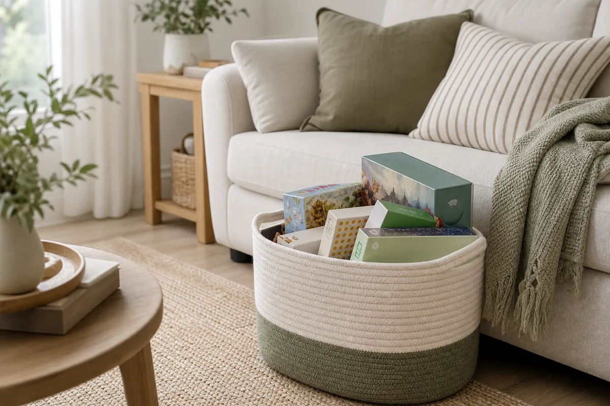 A large woven rope basket beside a sofa holding oversized and children's board game boxes that do not fit standard shelving