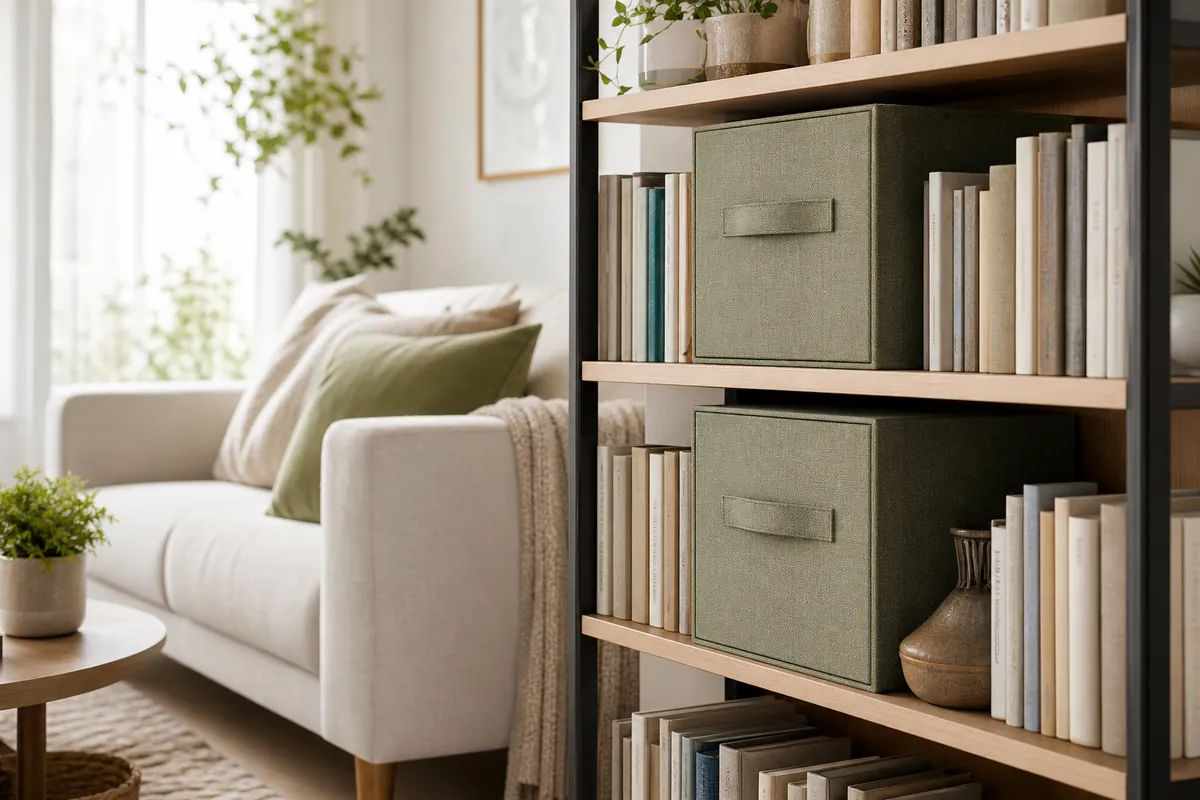 Fabric storage cubes slotted into a bookshelf to hide chargers and clutter behind clean fronts in a small living room