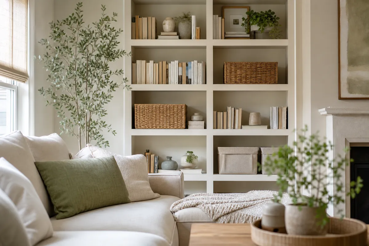 Woven storage bins mixed with books on a shelf, using two materials so closed storage looks deliberate rather than utilitarian