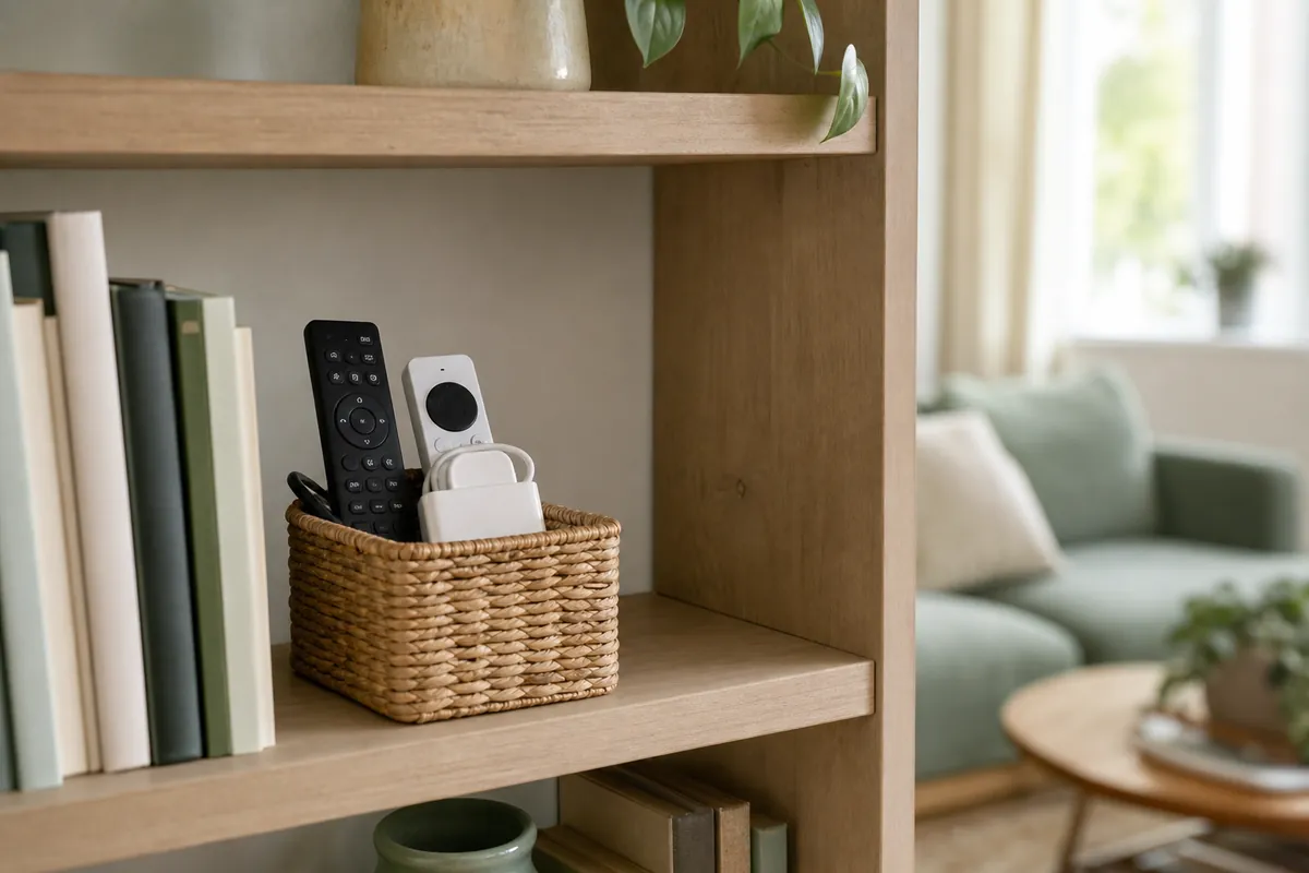 Small storage basket collecting remotes and chargers on a bookshelf so the shelf shows three objects instead of fifteen