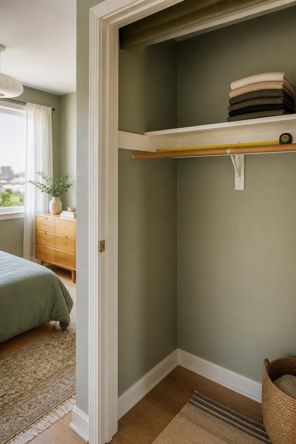 A tape measure stretched along an empty closet rod beside a counted stack of folded clothing.