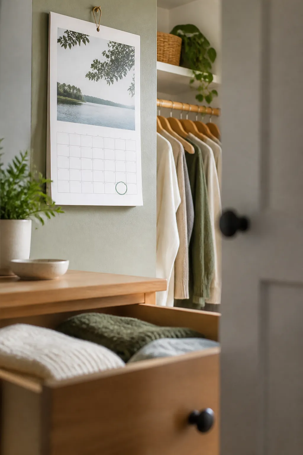 A wall calendar with one weekend date circled, a rod of hanging clothes visible in the background.