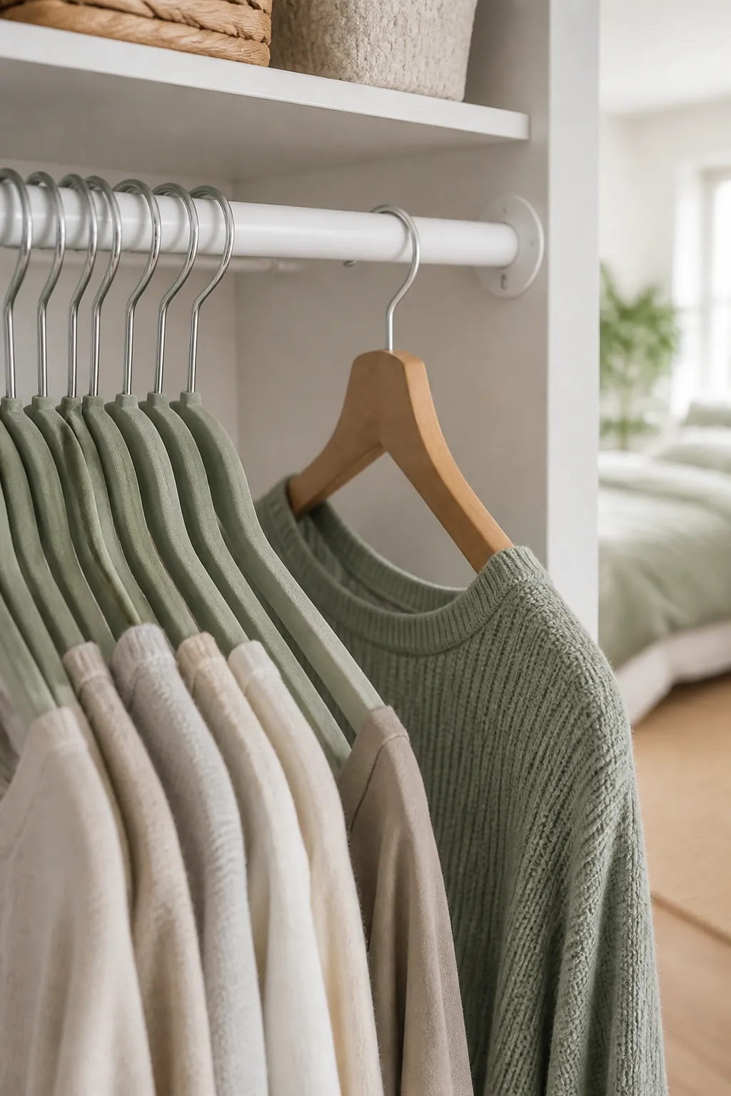 A row of matching velvet slim hangers holding clothes on a rod, one wooden hanger set aside.