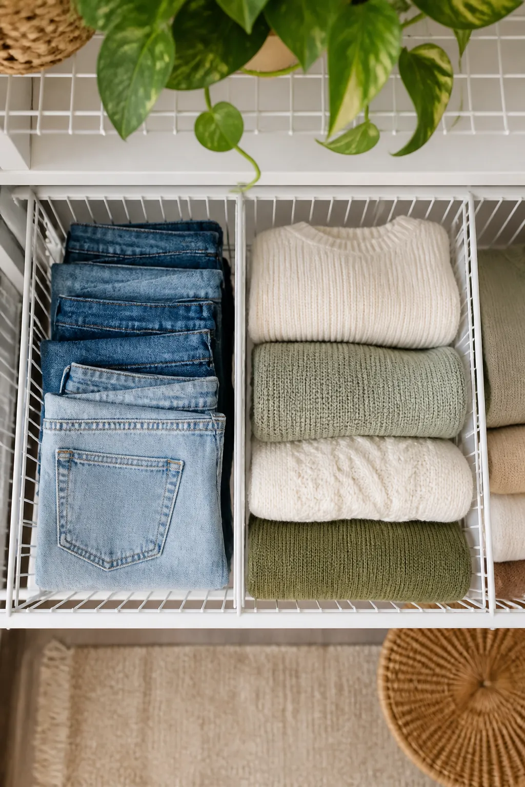 A closet shelf divided by wire dividers into bays, folded jeans in one section and sweaters in another.