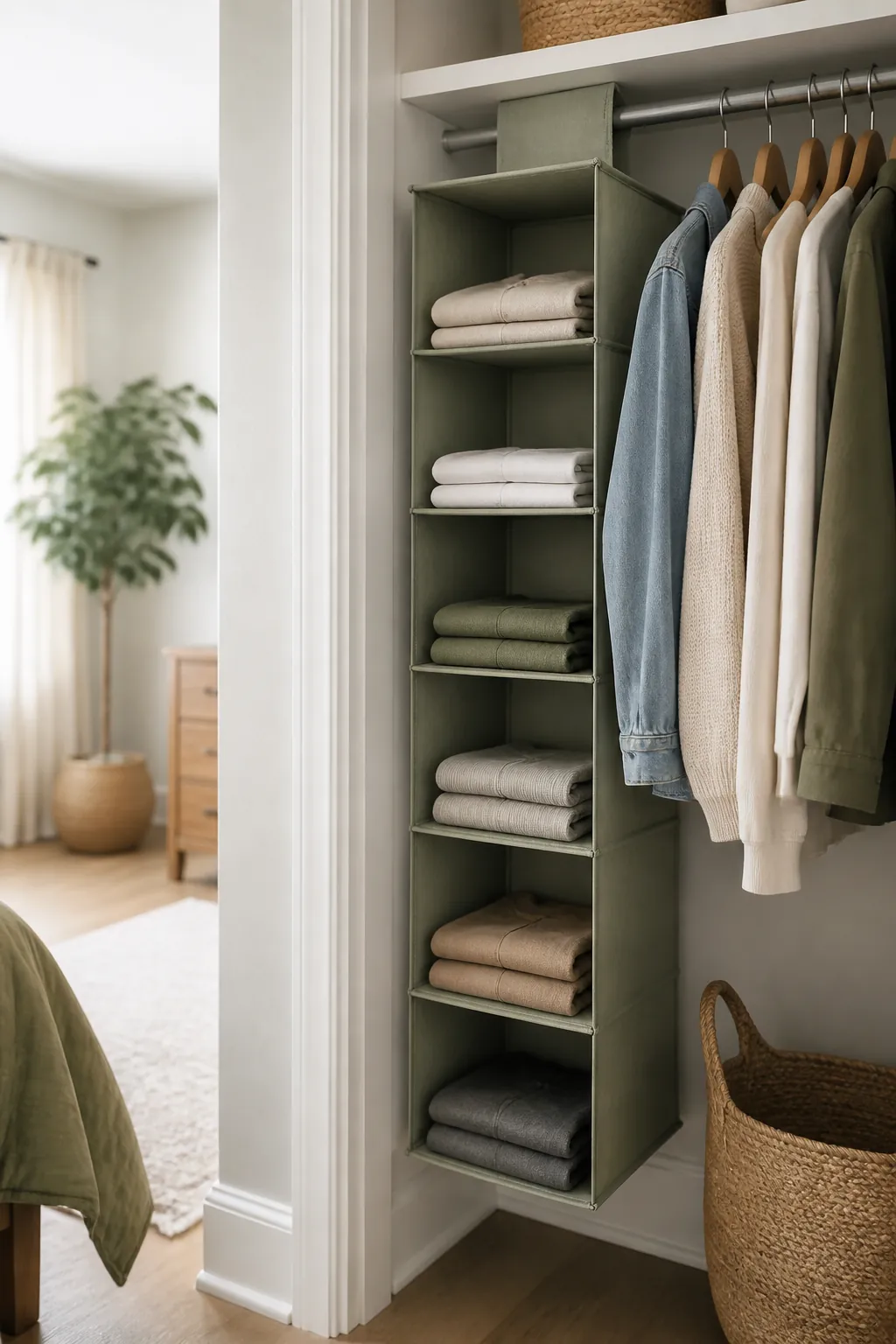 A six-shelf fabric hanging organizer strapped over a closet rod, folded t-shirts stacked on its shelves.