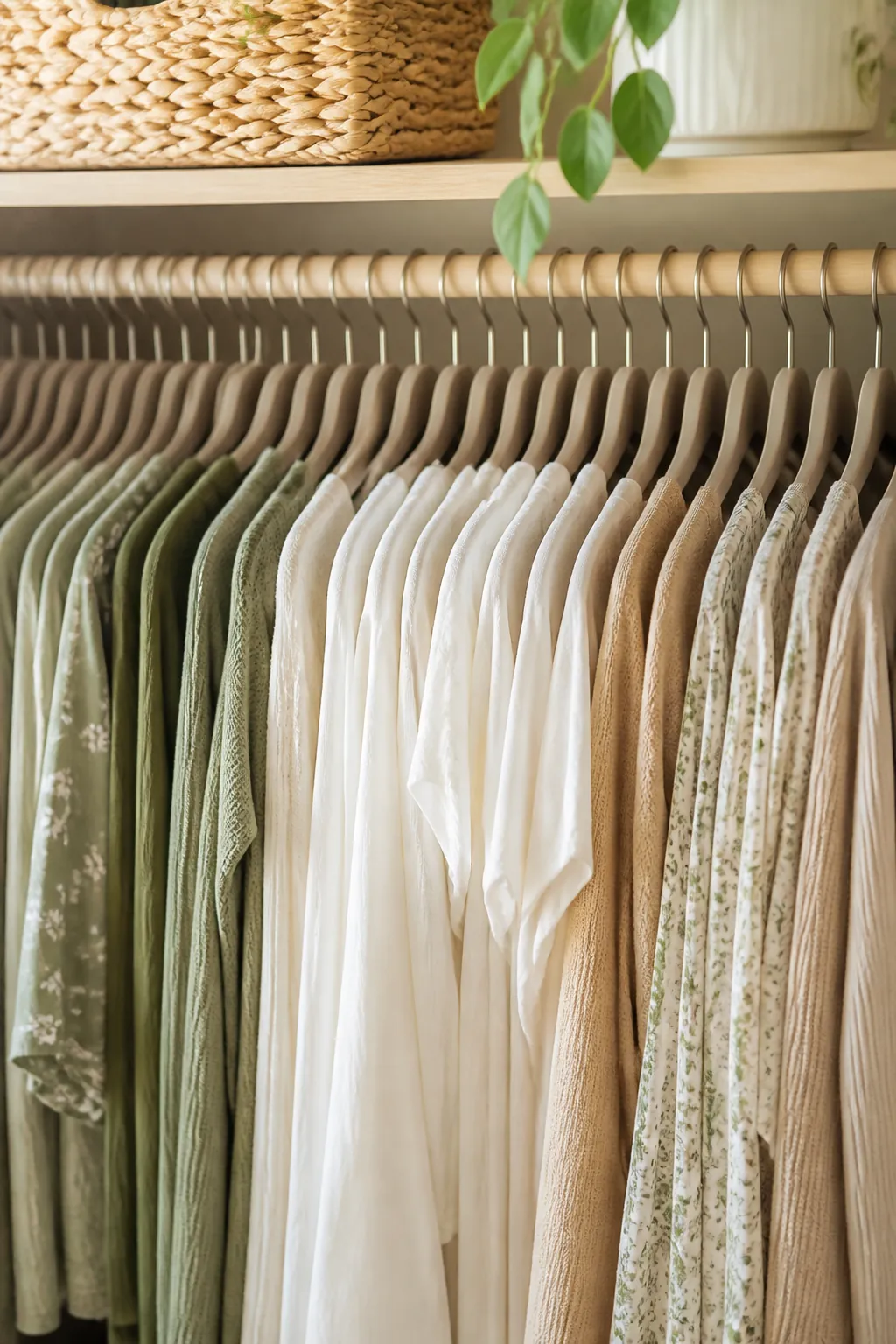 A closet rod filled edge to edge with identical hangers, no empty hooks or spare hangers in sight.
