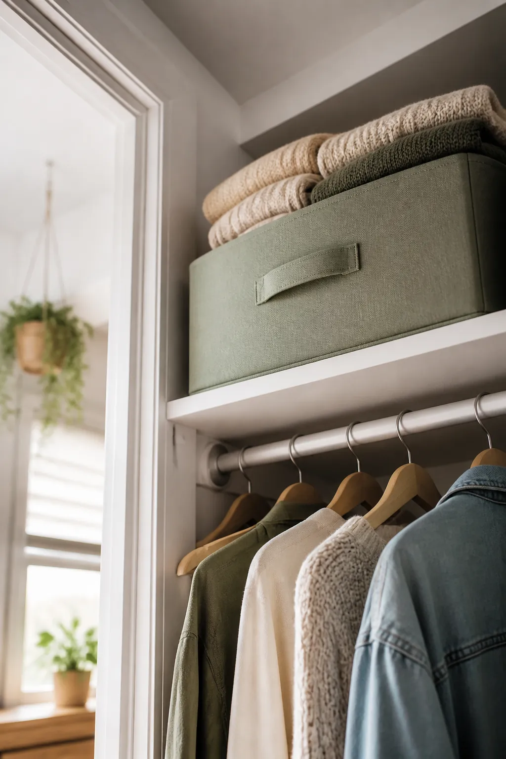 A labeled storage bin on a closet top shelf, folded heavy sweaters visible inside next to the label.