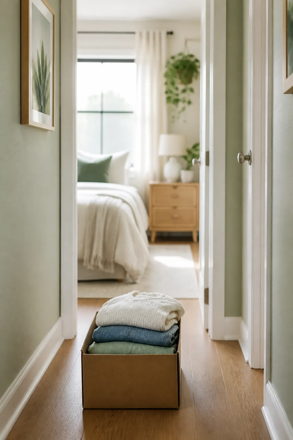 A cardboard box sitting in a hallway outside a bedroom, a few folded clothes piled loosely inside.