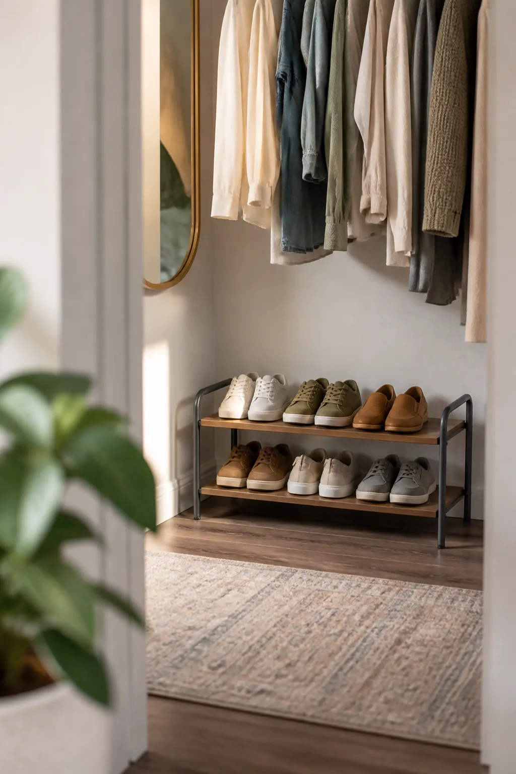 A slim two-tier shoe rack against a closet wall holding six pairs of shoes, the floor clear around it.