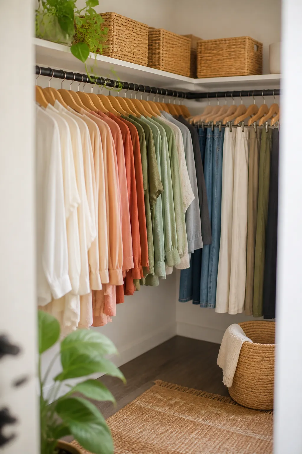 A closet rod with tops arranged by color on one section and pants arranged by color on another.
