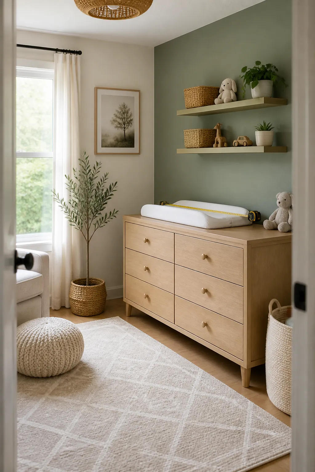 A tape measure laid across a changing pad on a dresser top, checking clearance in a nursery corner.