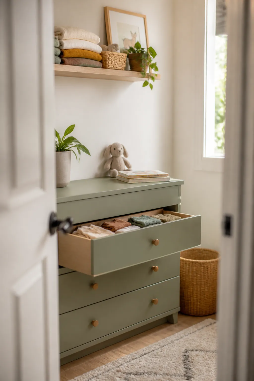 A floating wall shelf above a dresser holding folded toddler clothes and books instead of diapers.
