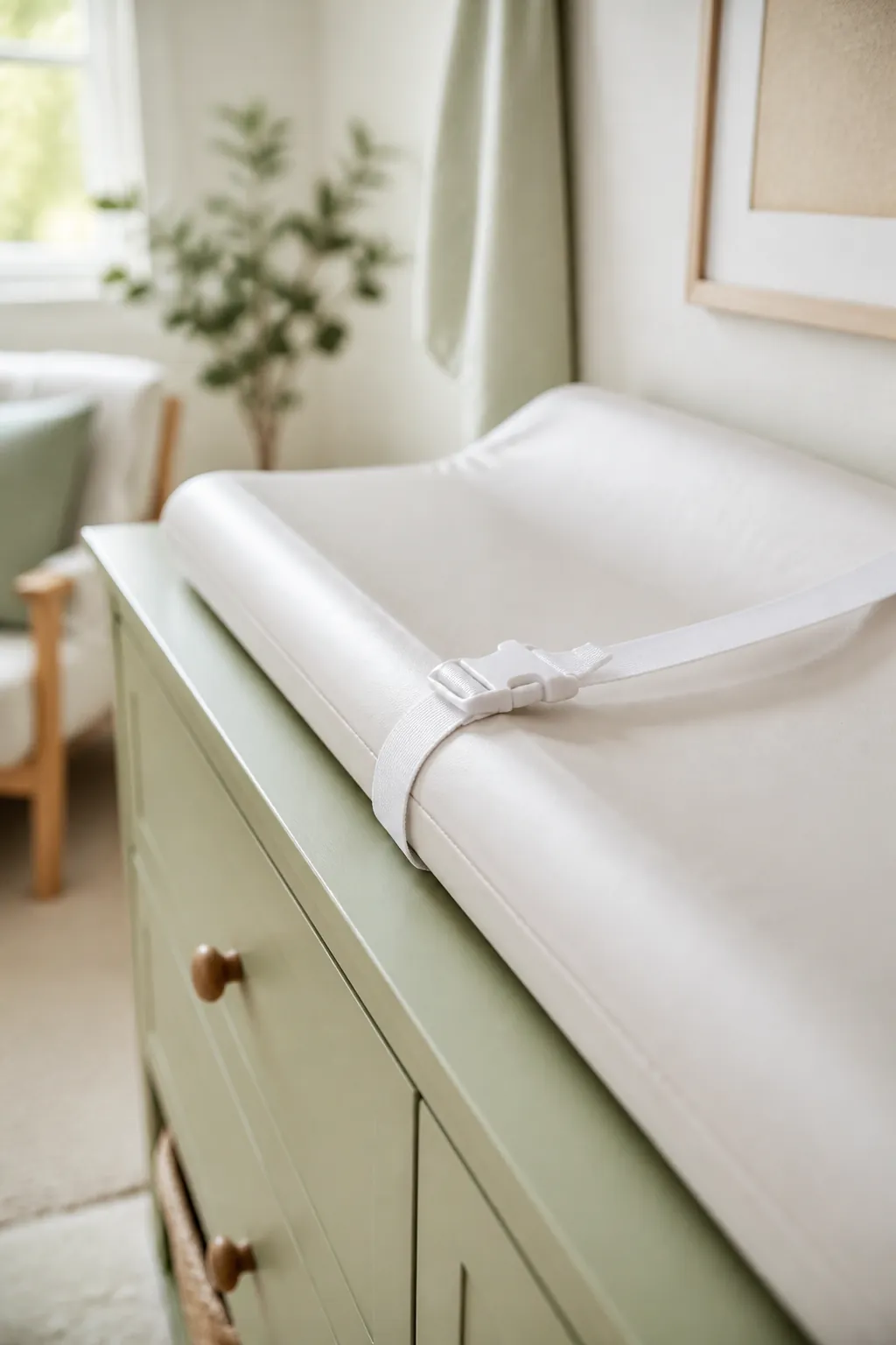 A changing pad safety strap buckled across the middle, securing the pad on a dresser-top changing station.