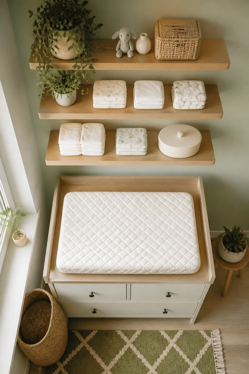 Three floating wall shelves mounted above a changing table holding diapers and a covered bin.