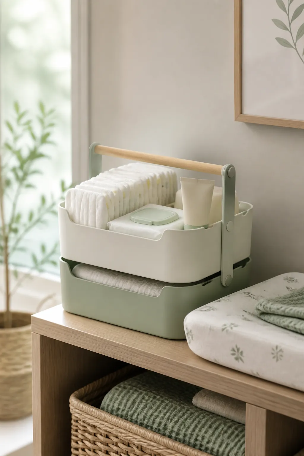 A stackable supply caddy with a handle holding diapers, wipes and cream beside a changing pad.