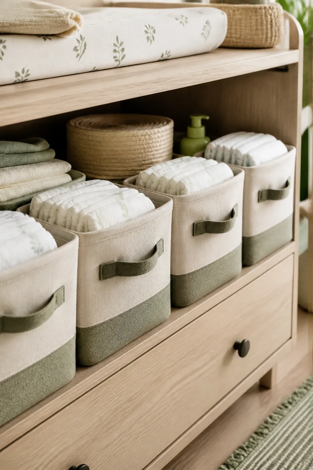 Fabric storage bins with handles labeled by diaper size, lined up on the floor beside a changing table.