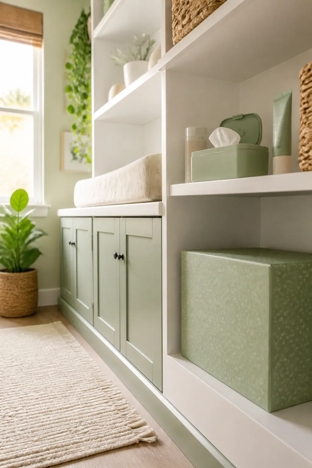 An open pack of wipes and a tube of cream on a shelf at eye level beside a changing pad.