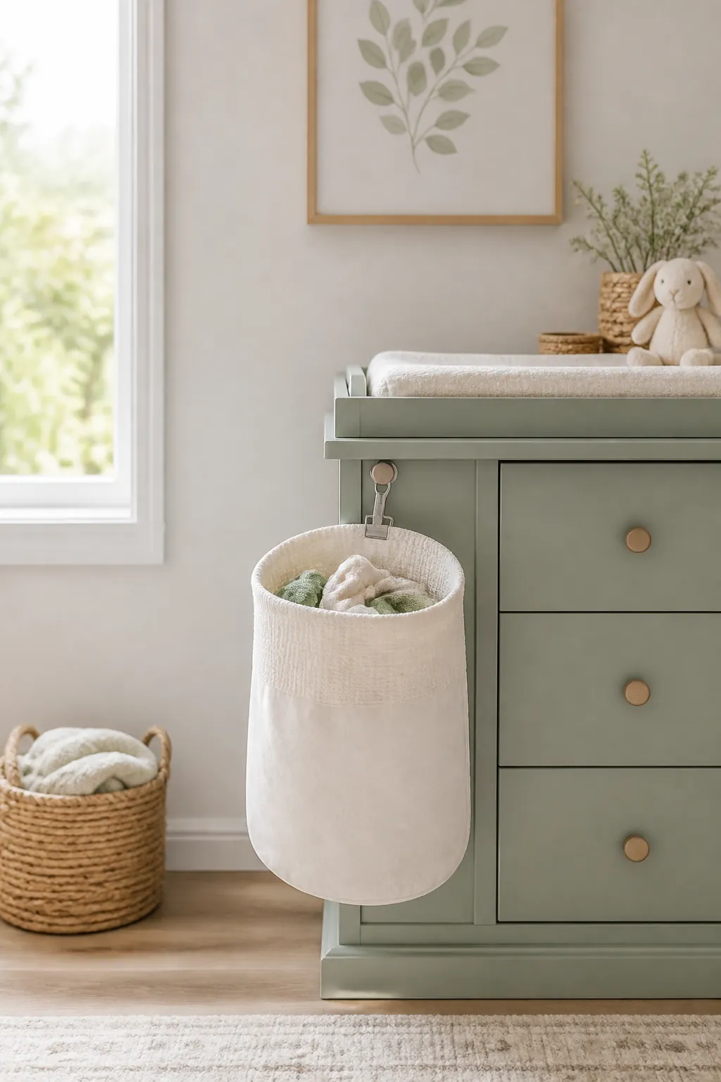 A hanging hamper bag clipped to a hook beside a dresser, holding laundry from a changing station.