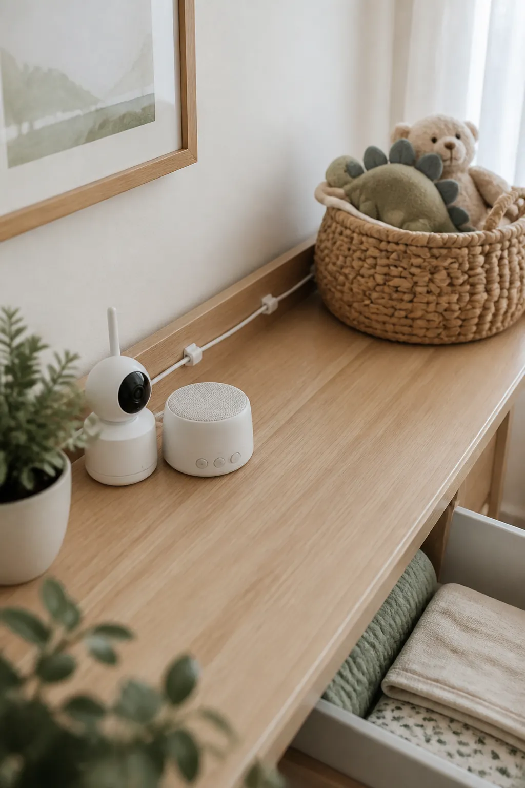 A baby monitor cord secured with adhesive clips along the back edge of a nursery dresser shelf.