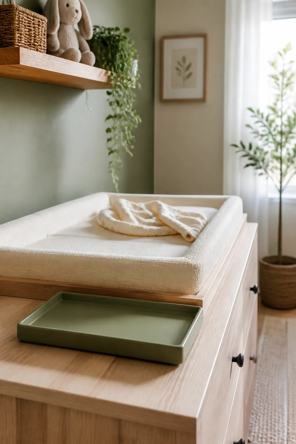 A small empty tray on a dresser top beside a changing pad, left clear as a landing spot.
