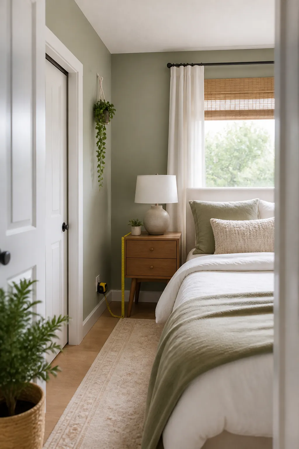 A tape measure stretched from a wall outlet up to nightstand height beside a bed.