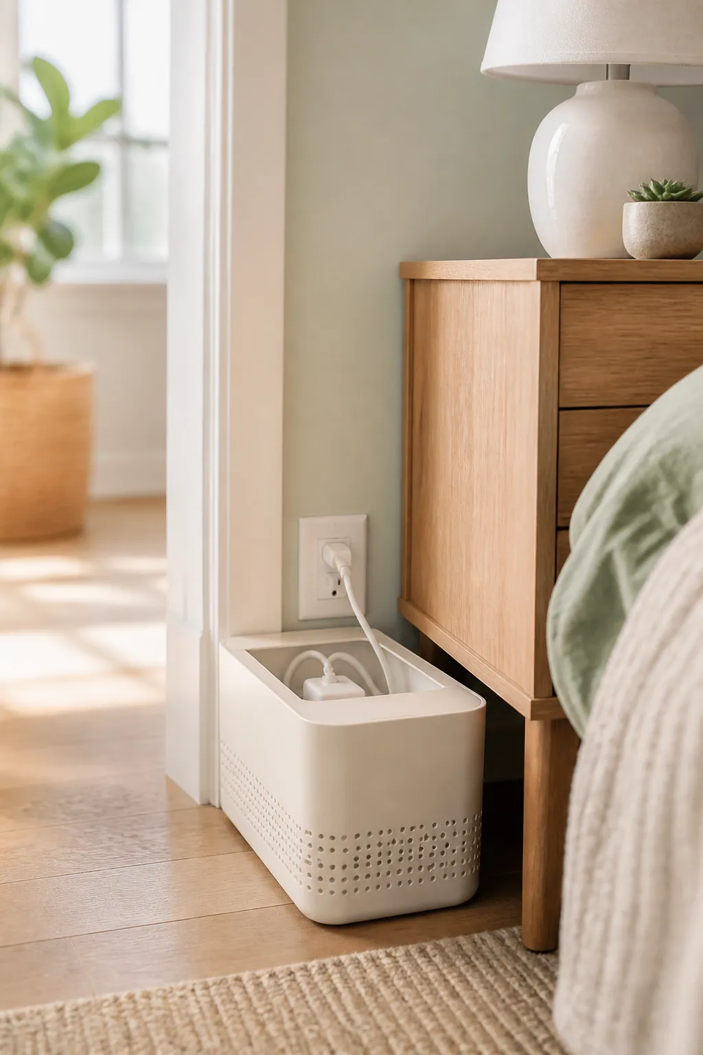 A vented cable management box beside a nightstand holding a phone charger adapter and coiled cord.