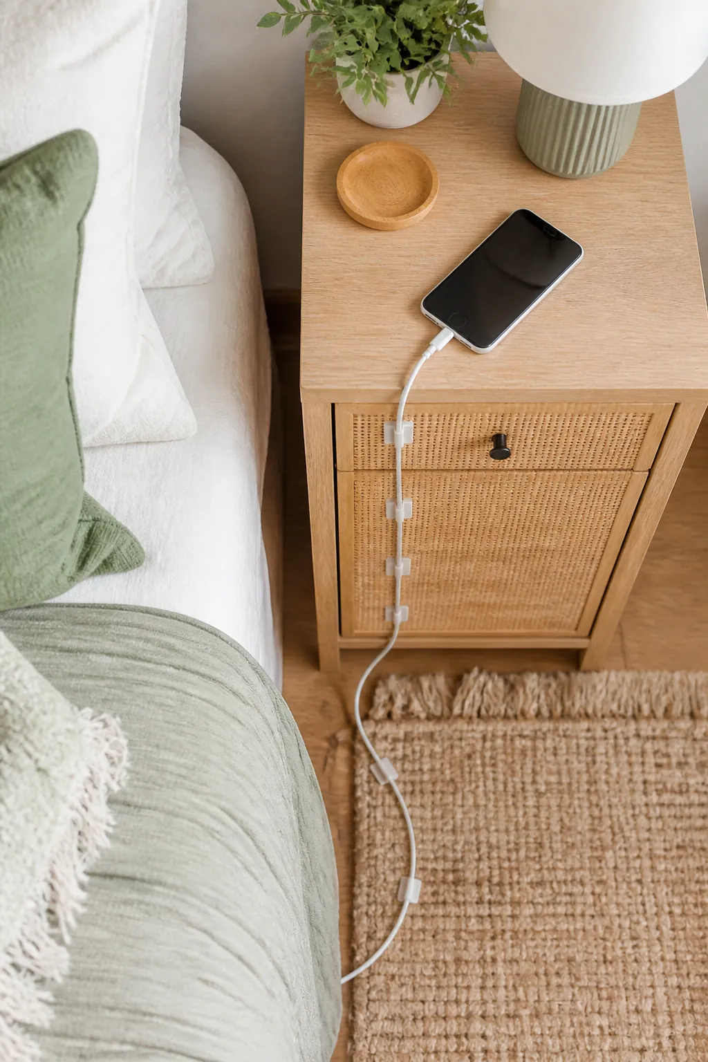 Adhesive clips guiding a charging cord up a nightstand leg from floor level to the tabletop.