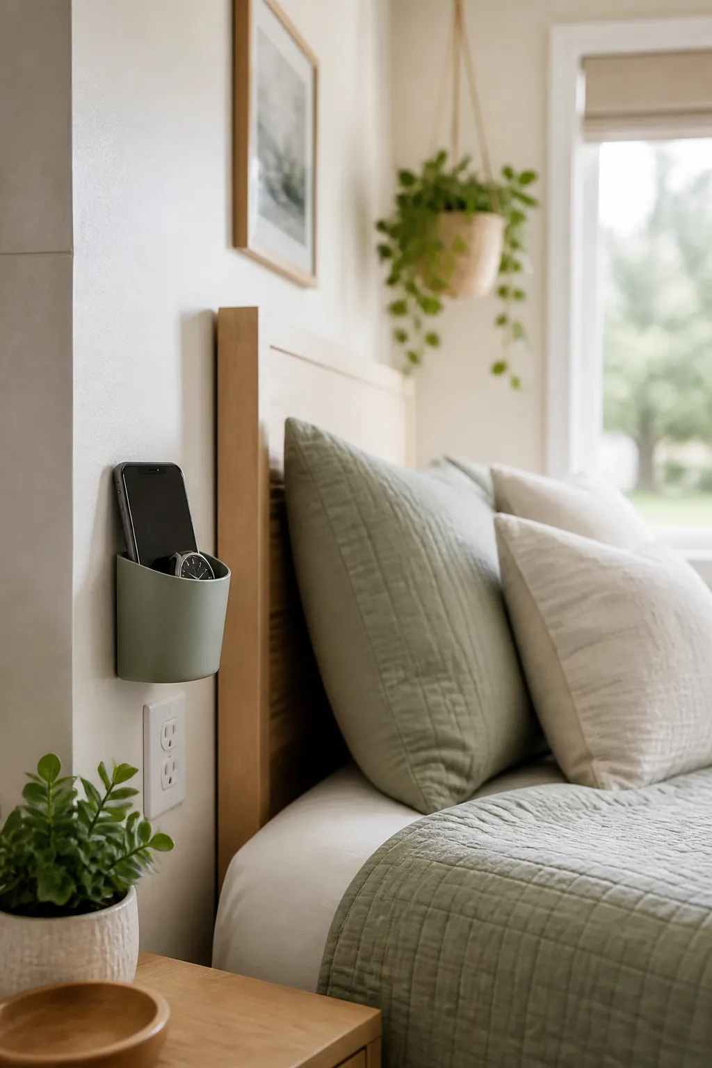 A small adhesive wall cup mounted near an outlet, holding a phone and a smartwatch overnight.