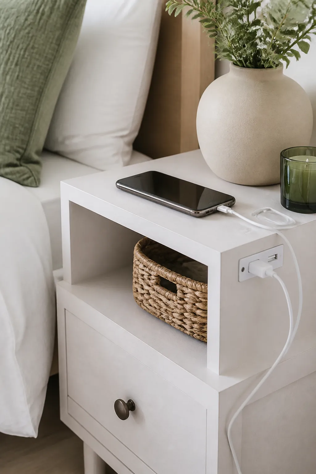 A slim side table with built-in USB ports beside a bed, a phone charging on its surface.