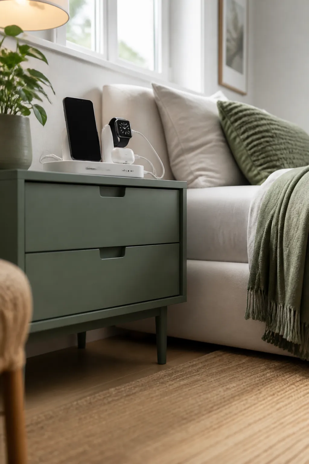 A multi-port charging hub on a nightstand with a phone, a smartwatch and earbuds all connected.