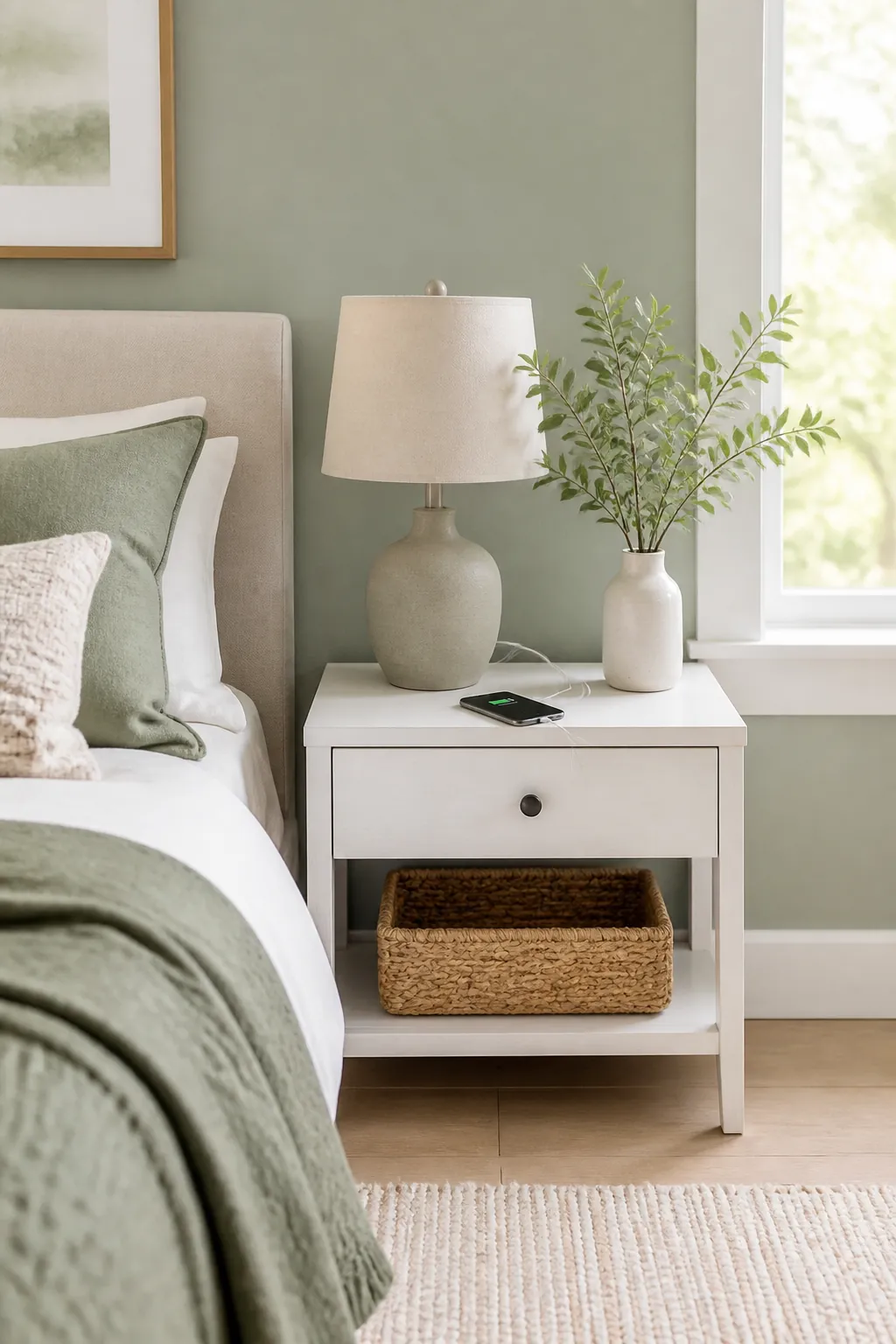 A phone charging on a nightstand with a blanket pulled back, leaving clear space around it.