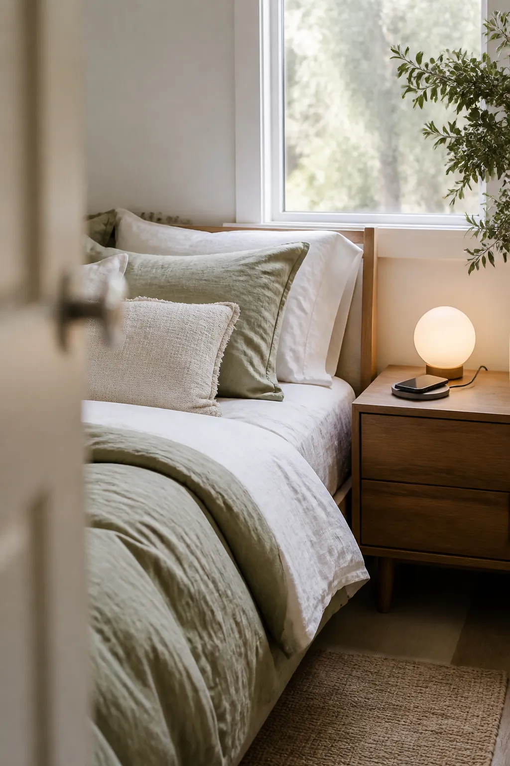 A phone resting on a round wireless charging pad on a nightstand, one cable running to the wall.