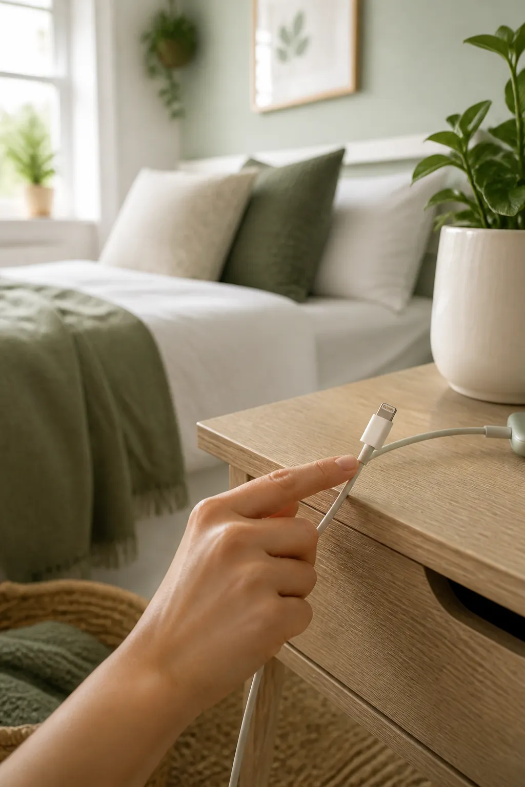 A hand checking a charging cord's connector end for cracks and fraying beside a nightstand.