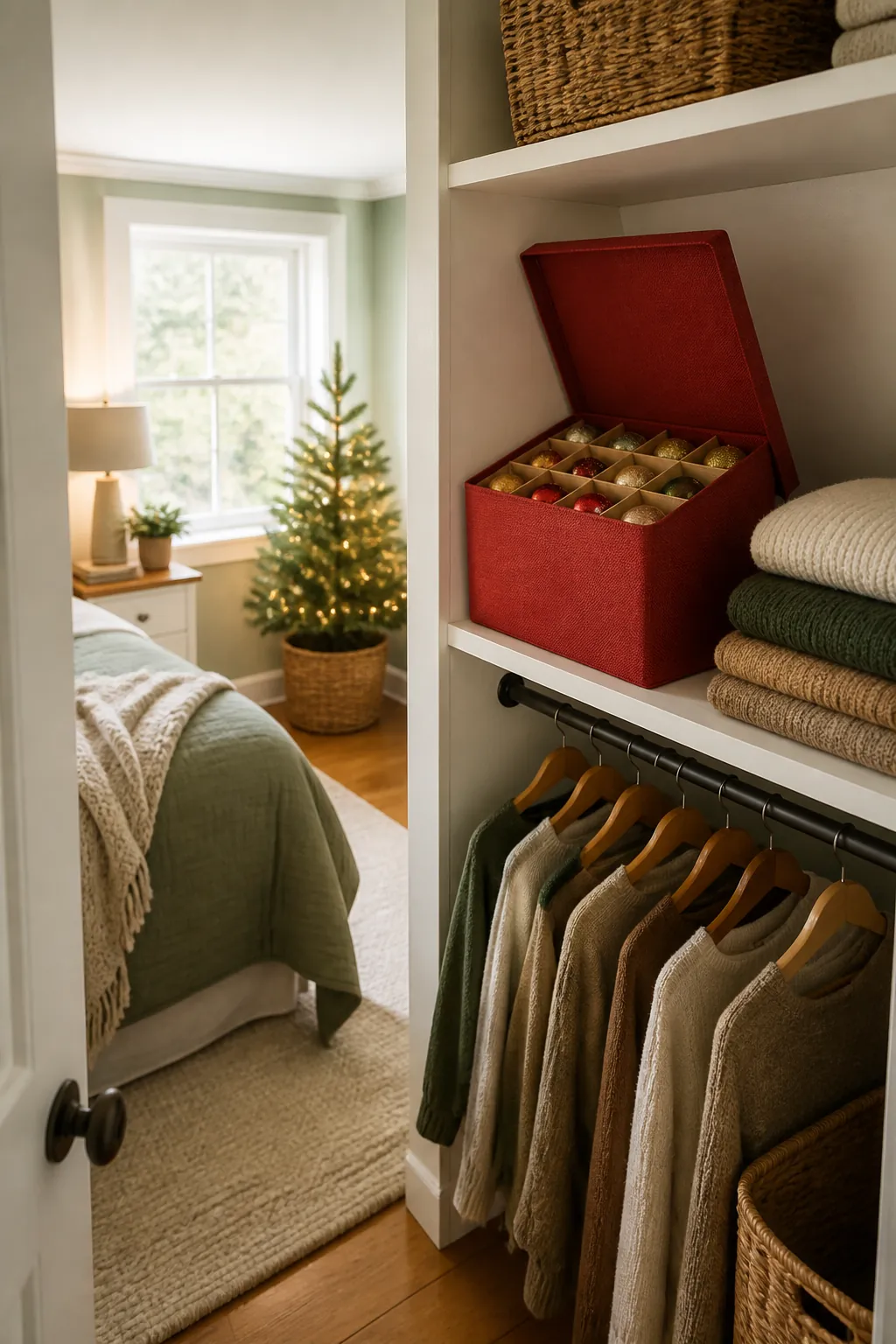 A red fabric cube ornament storage box with the lid open showing rows of ornaments in individual compartments, sitting on a closet shelf