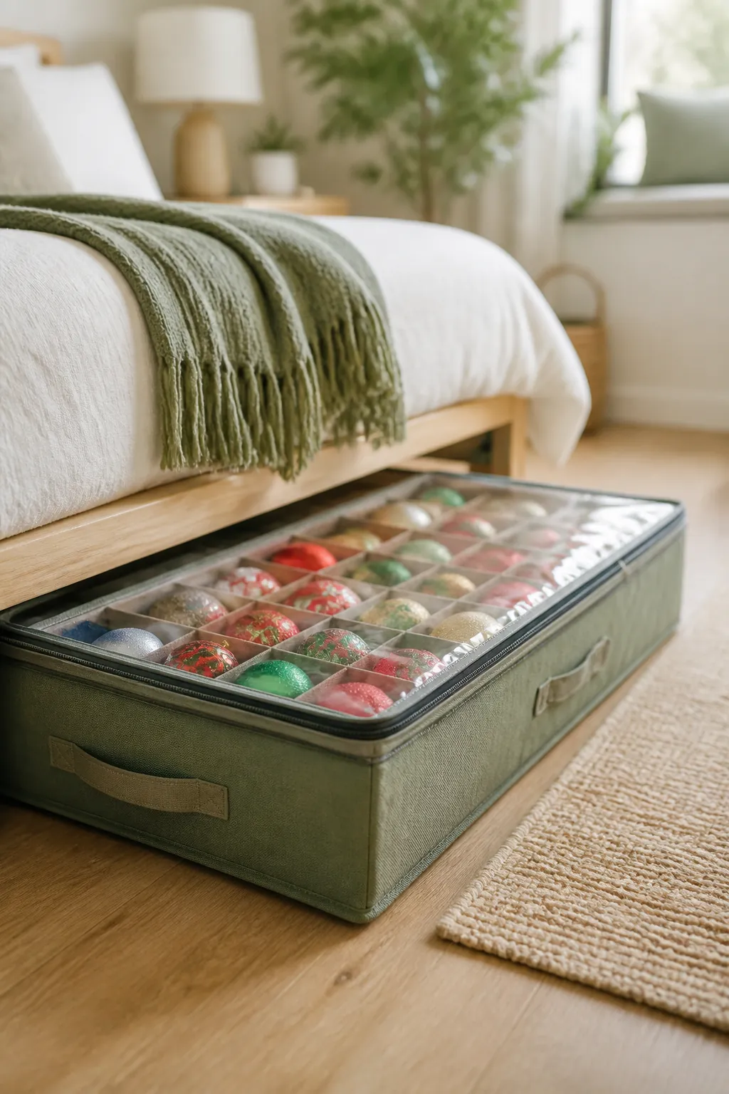 A long flat fabric ornament storage box half slid out from under a bed frame, its clear lid showing rows of ornaments